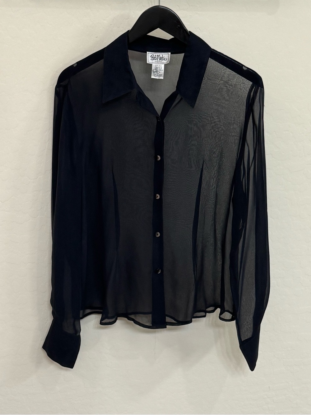 Bob Mackie Studio 100% Silk Sheer Button Down Blouse Black Size 14